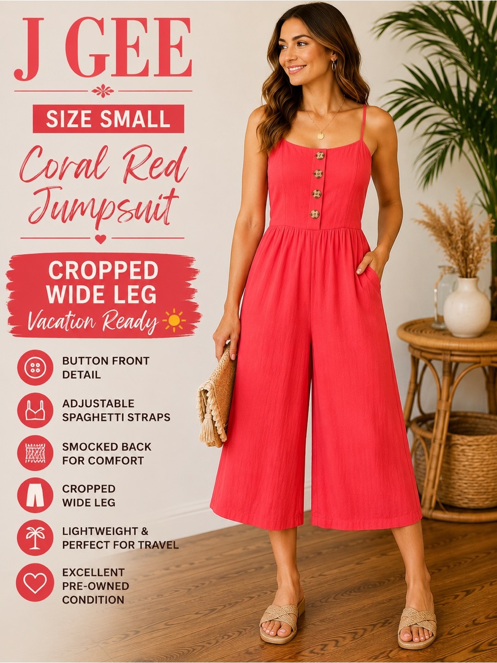 J Gee Coral Red Cropped Wide Leg Jumpsuit Size Small Culotte Romper